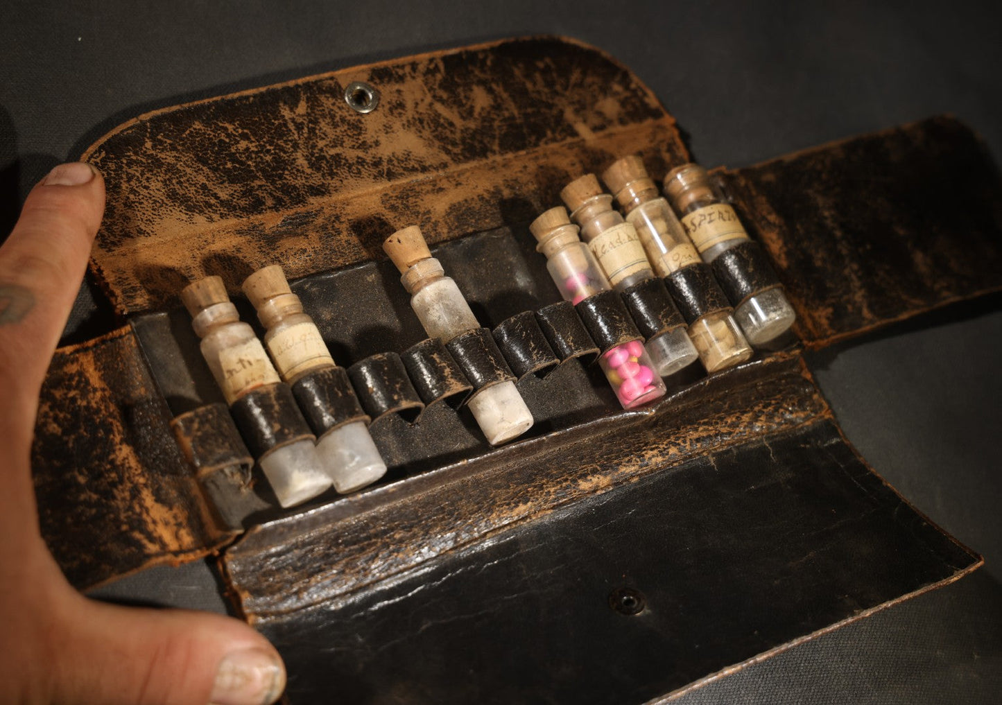 Antique Leather Medical Kit Traveling Apothecary with Seven Glass Medicine Vials Including Aspirin and Headache Remedies