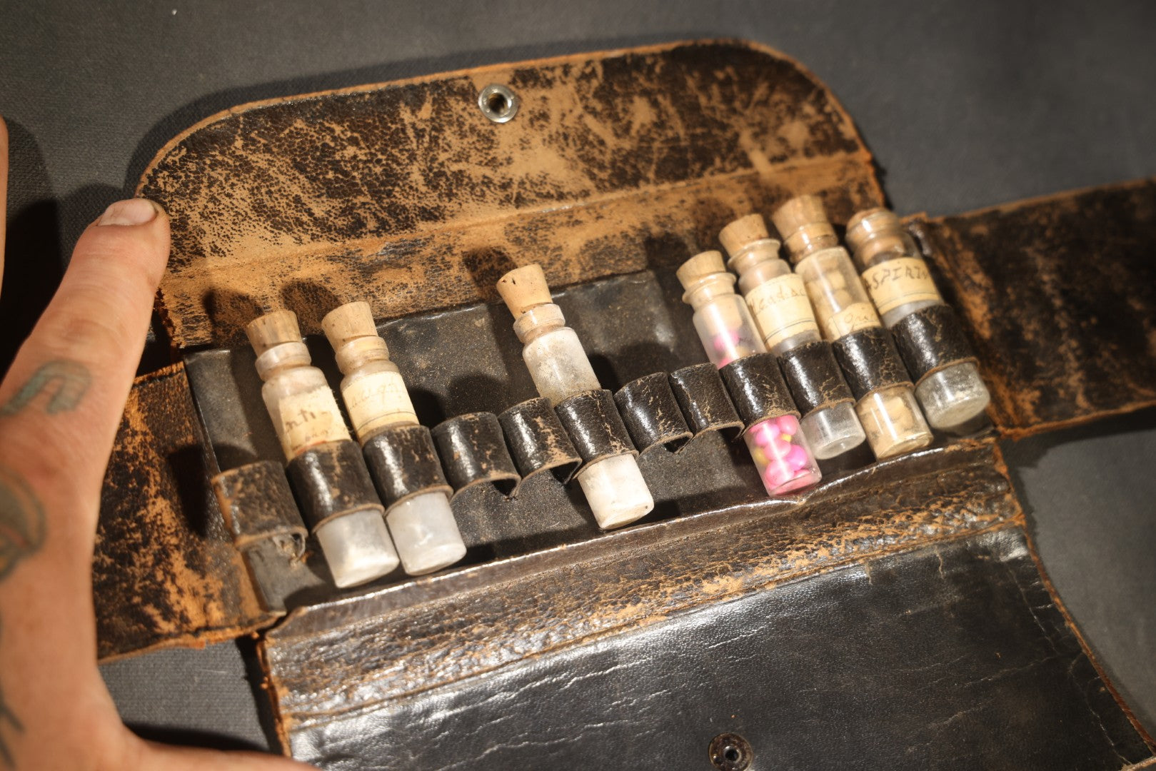 Antique Leather Medical Kit Traveling Apothecary with Seven Glass Medicine Vials Including Aspirin and Headache Remedies