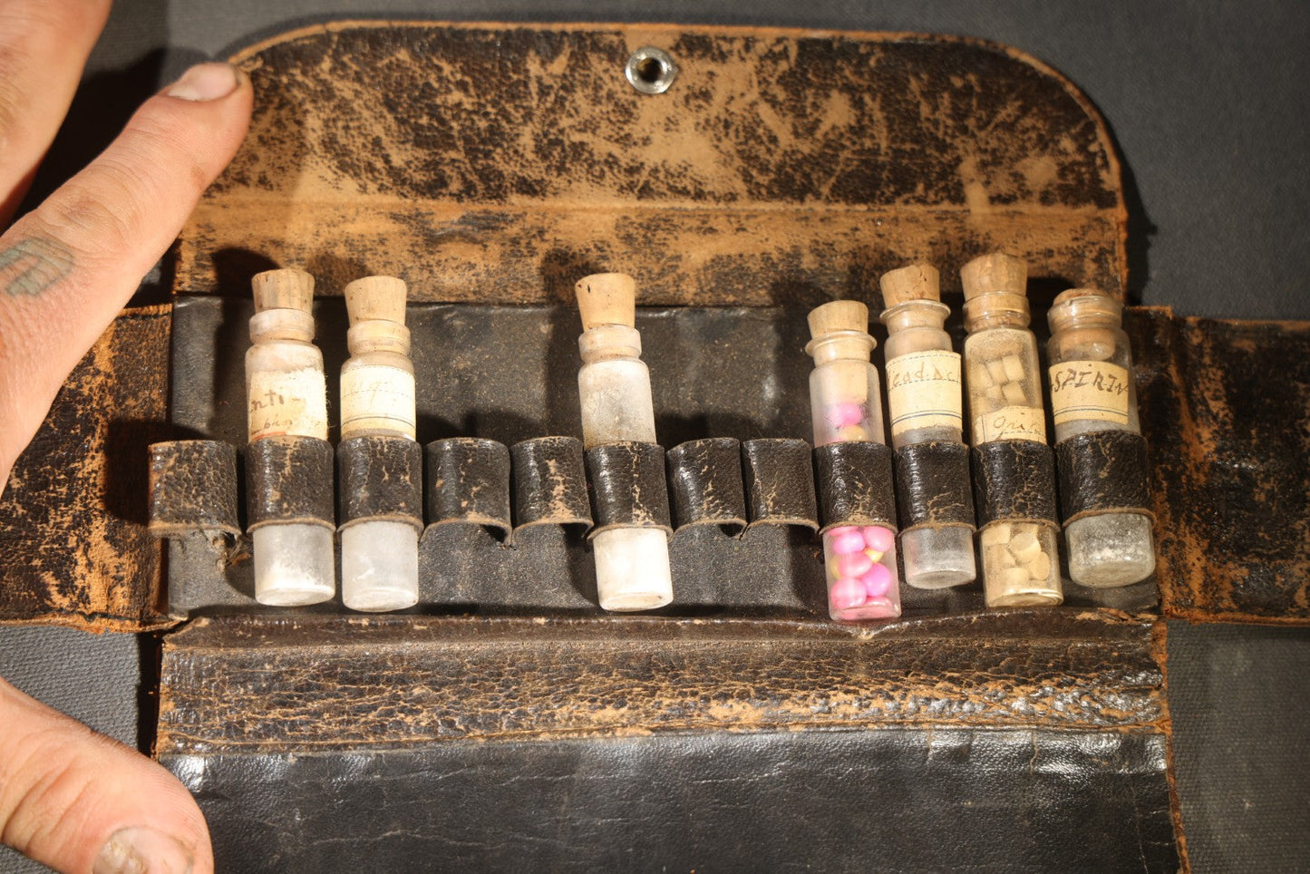 Antique Leather Medical Kit Traveling Apothecary with Seven Glass Medicine Vials Including Aspirin and Headache Remedies