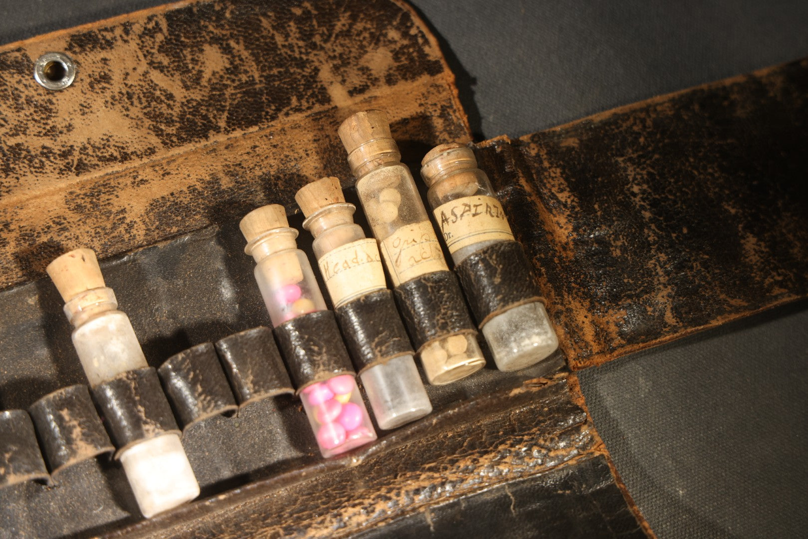 Antique Leather Medical Kit Traveling Apothecary with Seven Glass Medicine Vials Including Aspirin and Headache Remedies