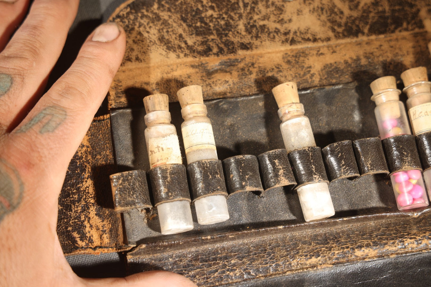 Antique Leather Medical Kit Traveling Apothecary with Seven Glass Medicine Vials Including Aspirin and Headache Remedies