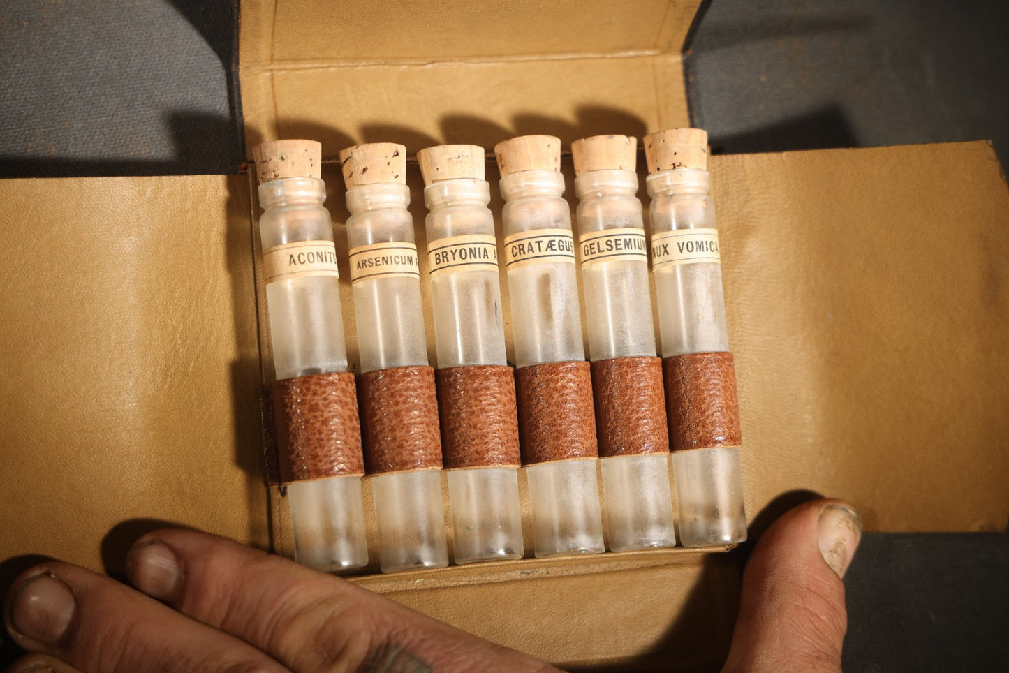 Vintage Homeopathic Medicine Vials in Leather Case, Becton Dickinson, including Aconitum, Arsenicum, Bryonia, Crataegus, Gelsemium, Nux Vomica