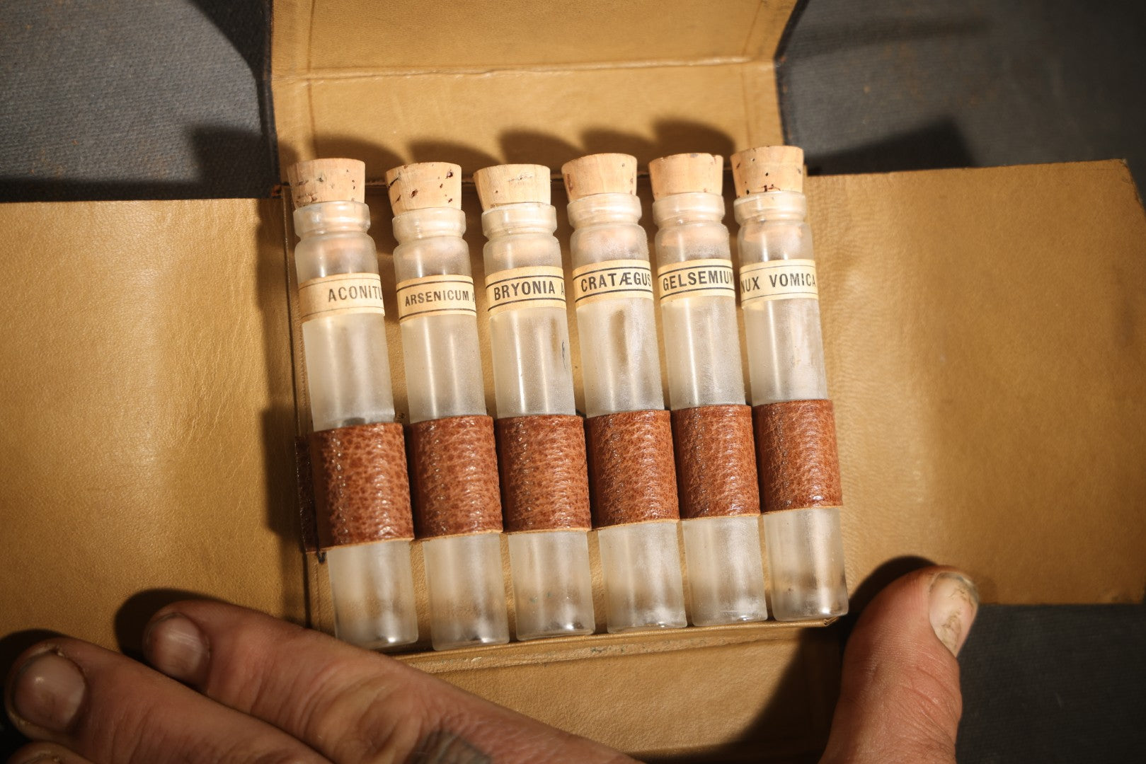 Vintage Homeopathic Medicine Vials in Leather Case, Becton Dickinson, including Aconitum, Arsenicum, Bryonia, Crataegus, Gelsemium, Nux Vomica