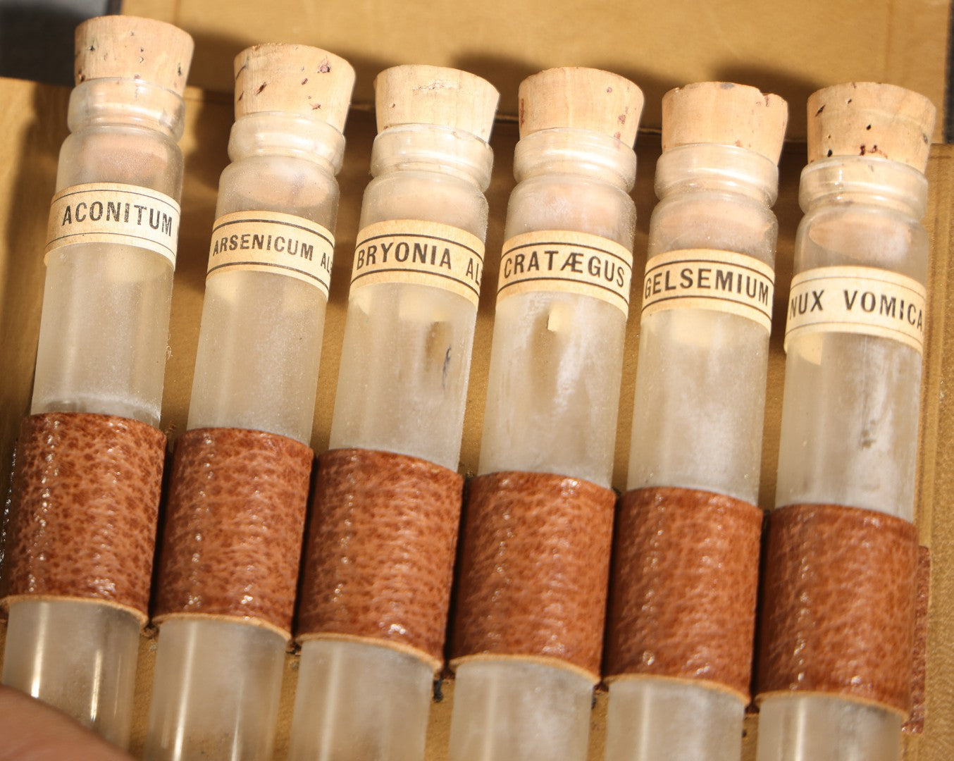 Vintage Homeopathic Medicine Vials in Leather Case, Becton Dickinson, including Aconitum, Arsenicum, Bryonia, Crataegus, Gelsemium, Nux Vomica
