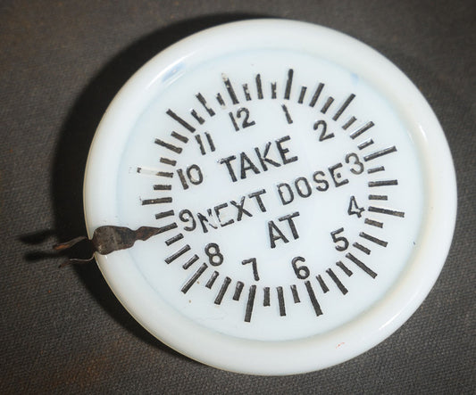 Antique Acme Tumbler Cover and Dose Indicator with "Take Next Dose At" Clock Face Reminder, Sharon Manufacturing Company, Philadelphia, Pennsylvania, Patent 1896