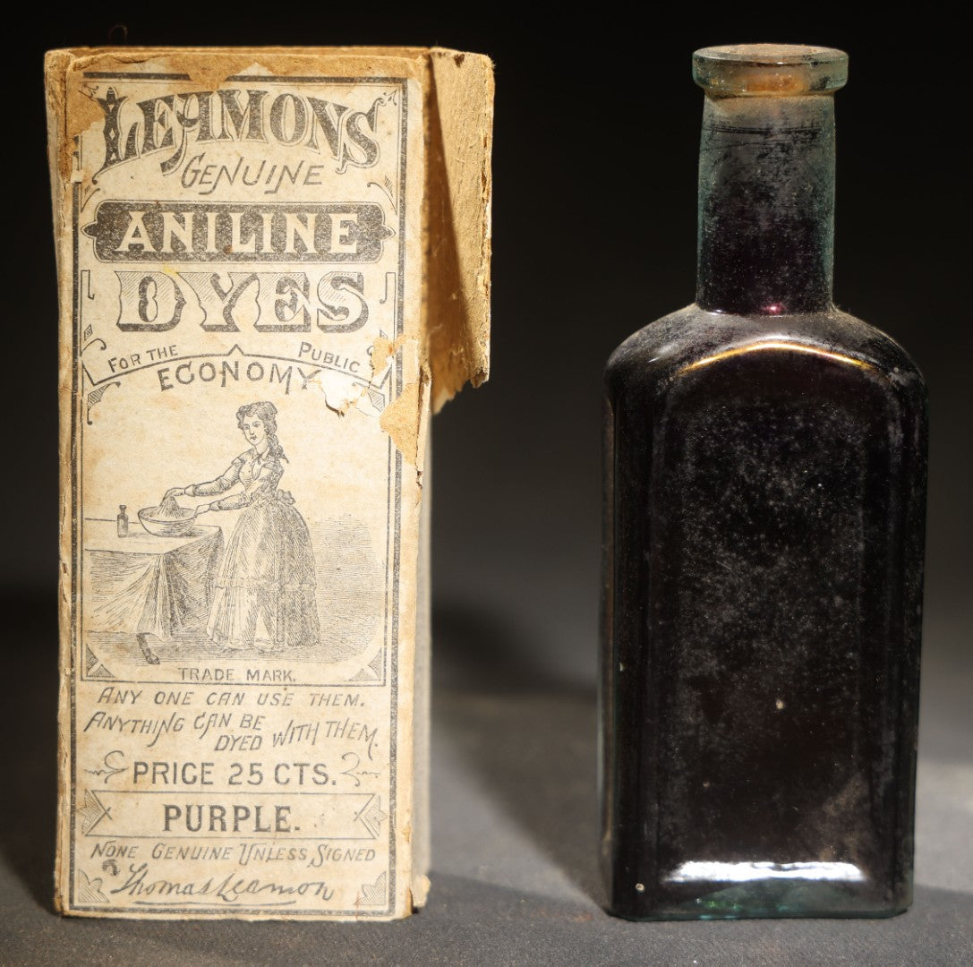 Antique Leamon's Genuine Aniline Dyes Purple Dye Bottle with Original Box and contents, Woman at Dyeing Table Graphic, Wells Richardson & Co., Burlington, Vermont, Price 25 Cents