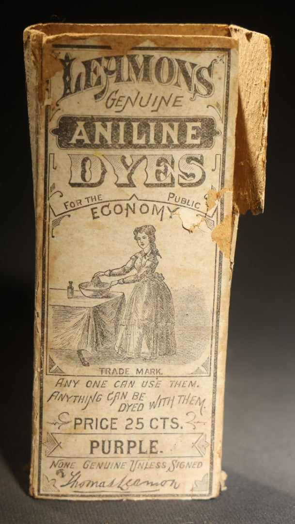 Antique Leamon's Genuine Aniline Dyes Purple Dye Bottle with Original Box and contents, Woman at Dyeing Table Graphic, Wells Richardson & Co., Burlington, Vermont, Price 25 Cents