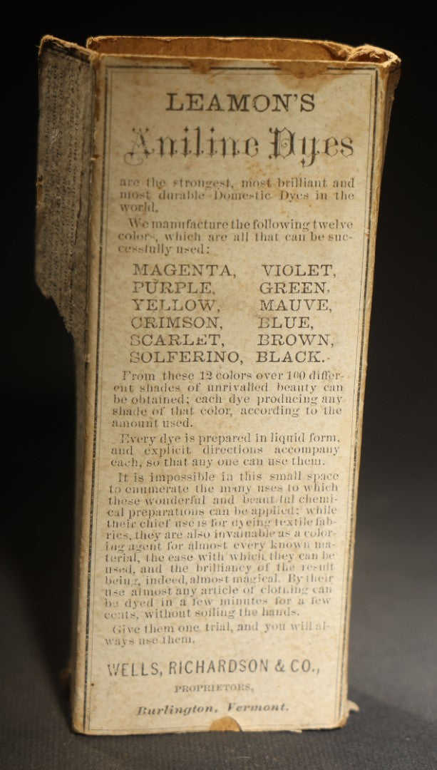 Antique Leamon's Genuine Aniline Dyes Purple Dye Bottle with Original Box and contents, Woman at Dyeing Table Graphic, Wells Richardson & Co., Burlington, Vermont, Price 25 Cents