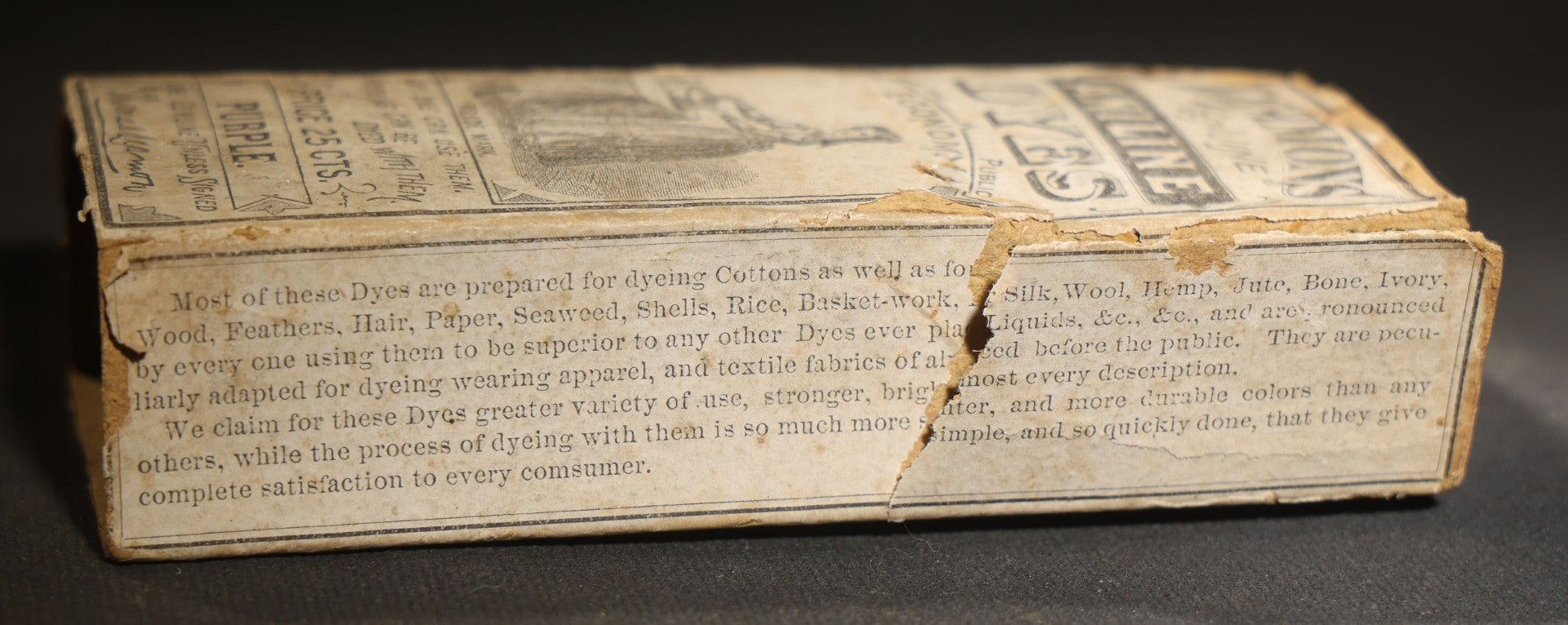 Antique Leamon's Genuine Aniline Dyes Purple Dye Bottle with Original Box and contents, Woman at Dyeing Table Graphic, Wells Richardson & Co., Burlington, Vermont, Price 25 Cents