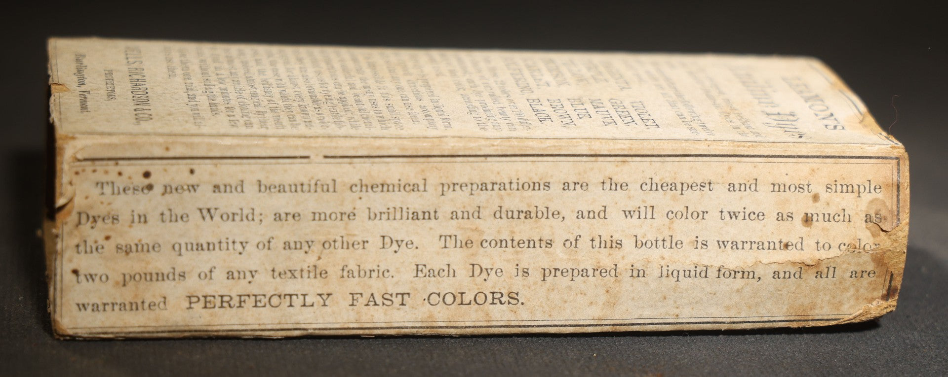 Antique Leamon's Genuine Aniline Dyes Purple Dye Bottle with Original Box and contents, Woman at Dyeing Table Graphic, Wells Richardson & Co., Burlington, Vermont, Price 25 Cents