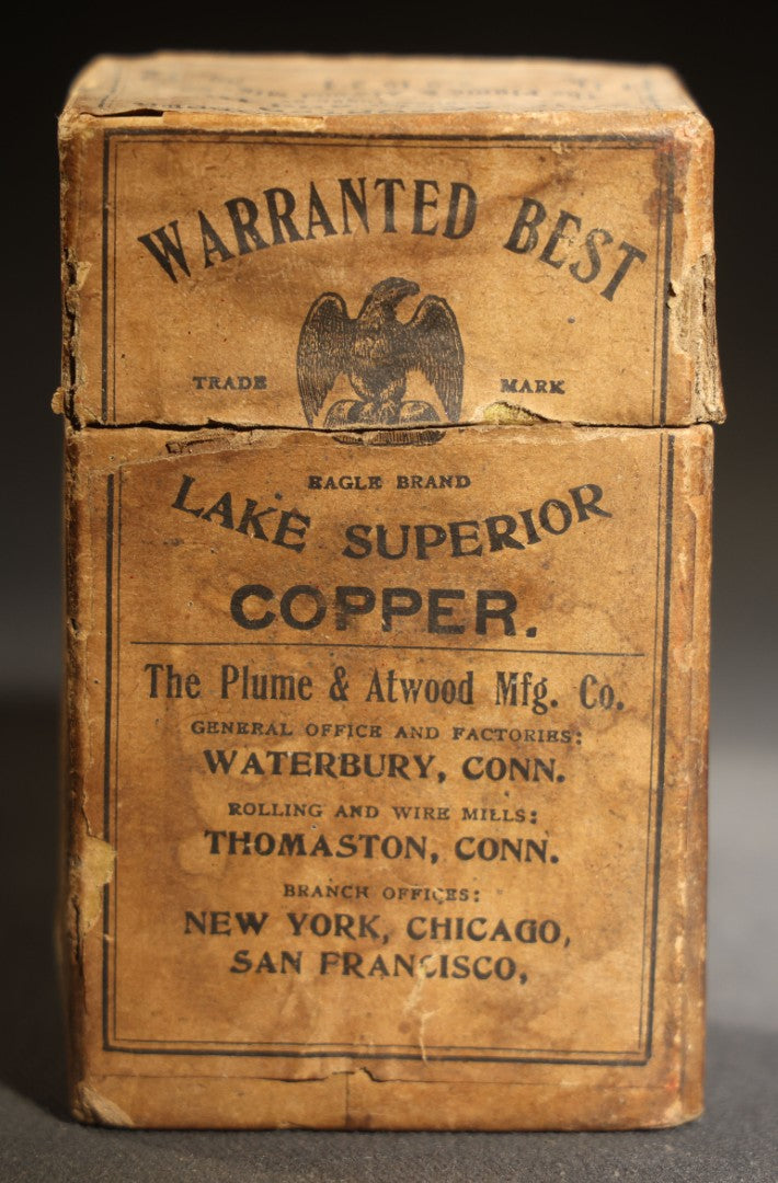 Antique Lake Superior Copper Belt Rivets and Burrs Box, Eagle Brand, The Plume & Atwood Mfg. Co., Waterbury, Connecticut, with Contents