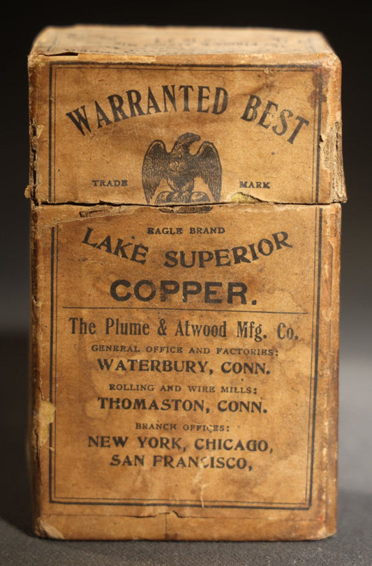 Antique Lake Superior Copper Belt Rivets and Burrs Box, Eagle Brand, The Plume & Atwood Mfg. Co., Waterbury, Connecticut, with Contents