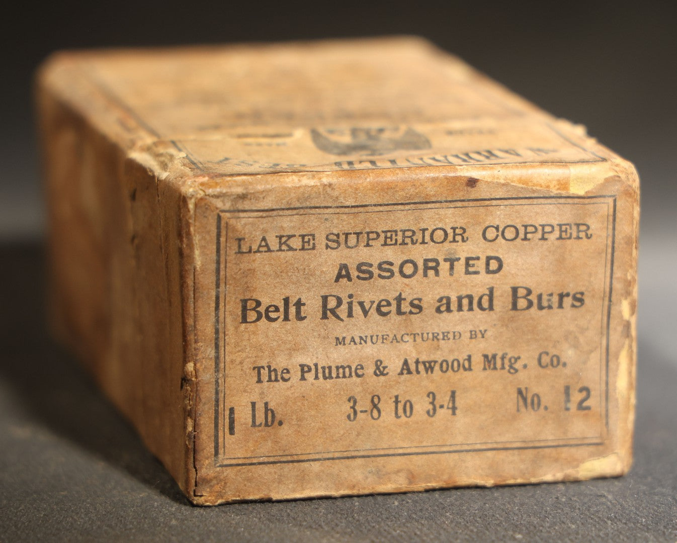 Antique Lake Superior Copper Belt Rivets and Burrs Box, Eagle Brand, The Plume & Atwood Mfg. Co., Waterbury, Connecticut, with Contents