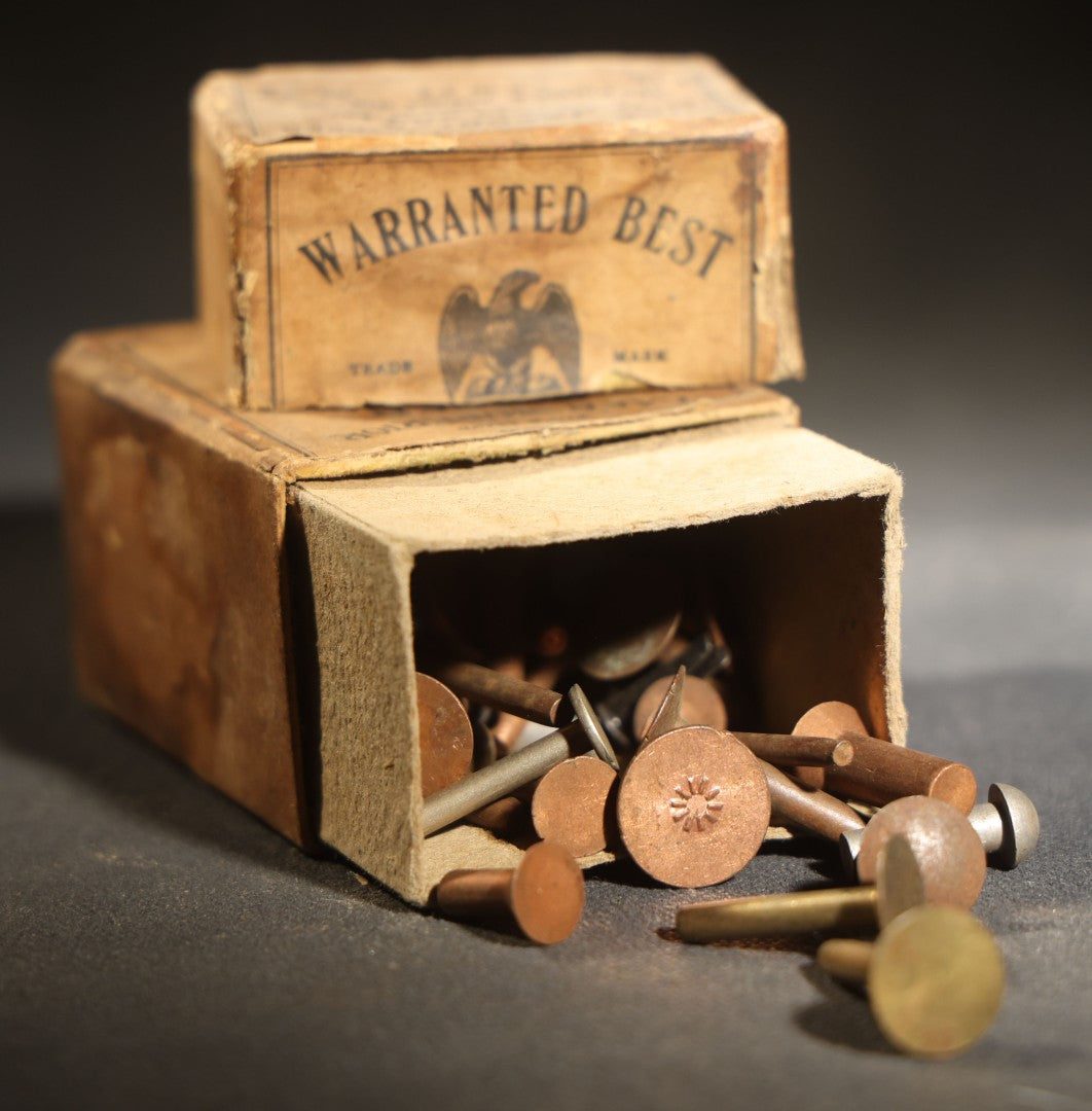 Antique Lake Superior Copper Belt Rivets and Burrs Box, Eagle Brand, The Plume & Atwood Mfg. Co., Waterbury, Connecticut, with Contents