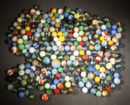 Grouping of 200+ Vintage Glass Marbles Including UV-Reactive Green and Cadmium Orange Glowers with Swirls, Patches, Cat's Eyes, Solids, and Ribbon Core Examples