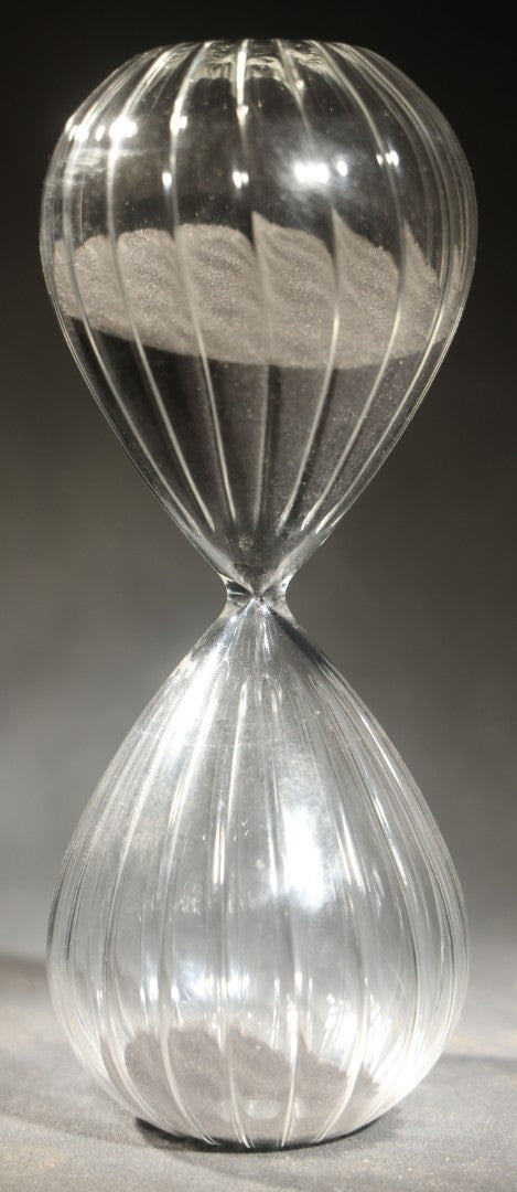 Vintage Hand Blown Glass Hourglass Timer with Ribbed Bulbs and black Sand