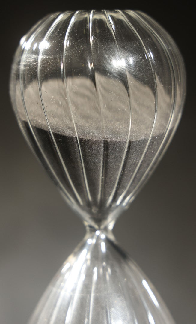 Vintage Hand Blown Glass Hourglass Timer with Ribbed Bulbs and black Sand