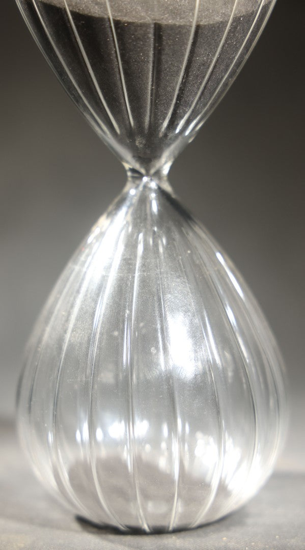 Vintage Hand Blown Glass Hourglass Timer with Ribbed Bulbs and black Sand