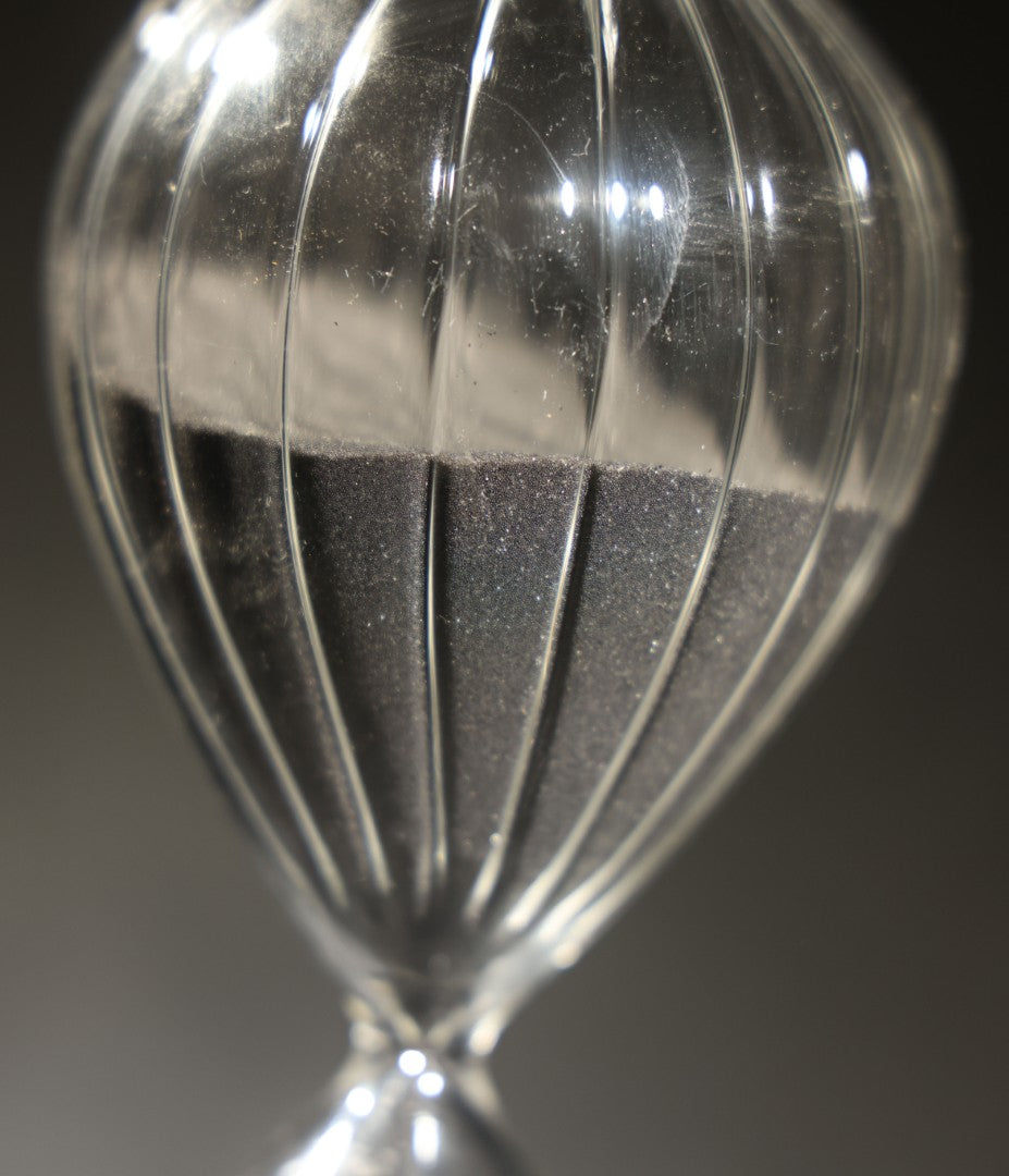 Vintage Hand Blown Glass Hourglass Timer with Ribbed Bulbs and black Sand