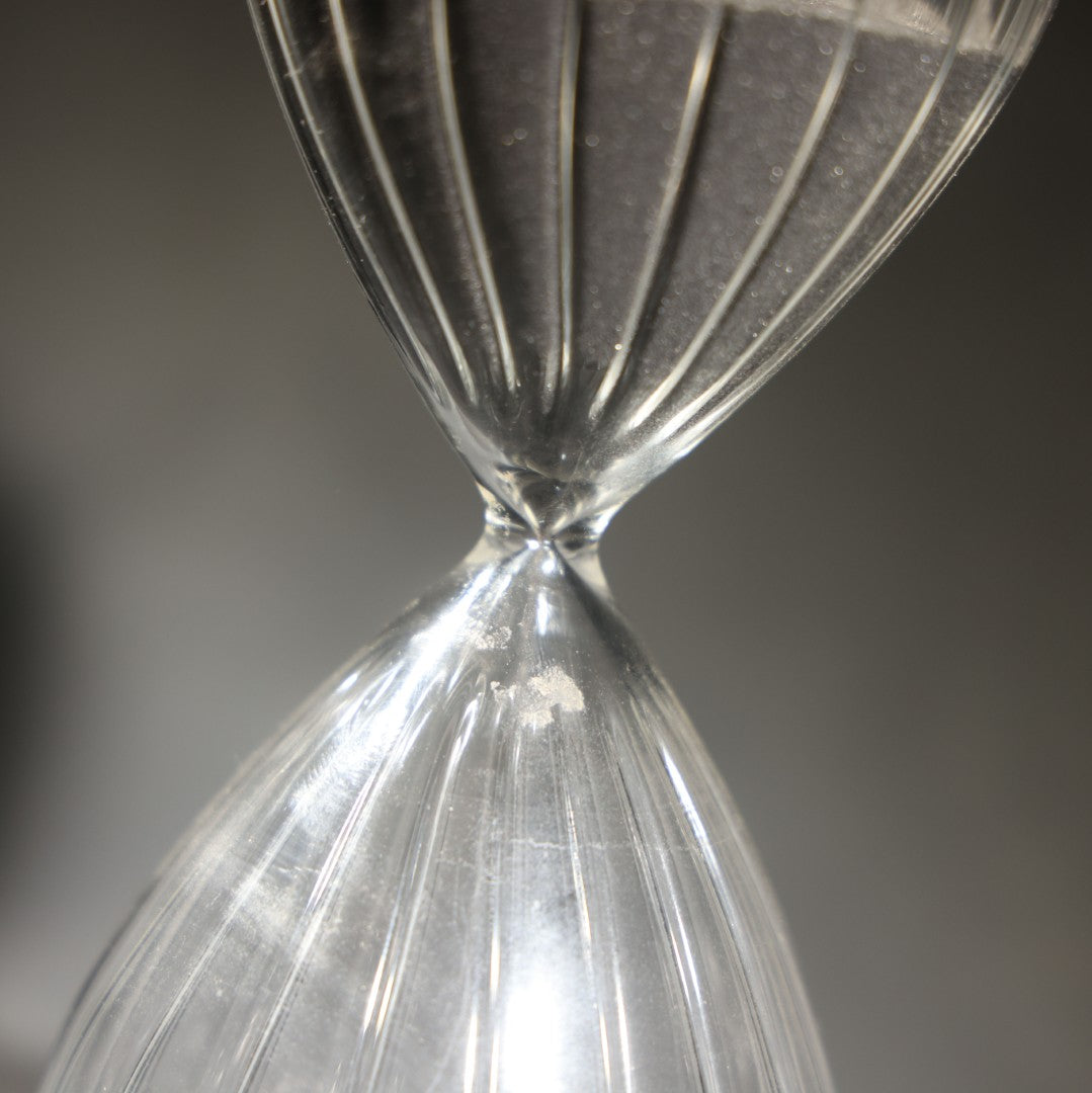 Vintage Hand Blown Glass Hourglass Timer with Ribbed Bulbs and black Sand