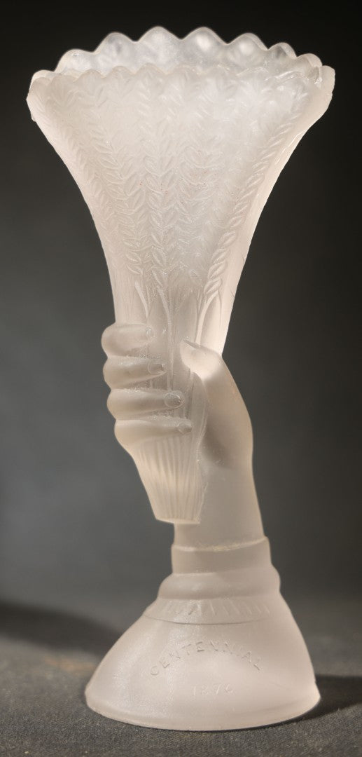 Antique Frosted Glass Hand and Cornucopia Centennial 1876 Commemorative Vase, note chips