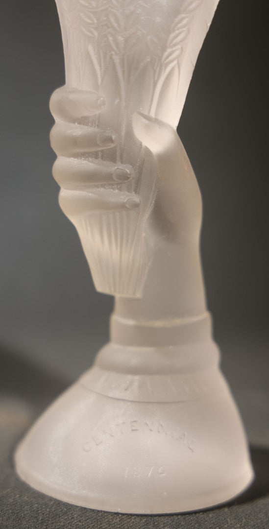 Antique Frosted Glass Hand and Cornucopia Centennial 1876 Commemorative Vase, note chips