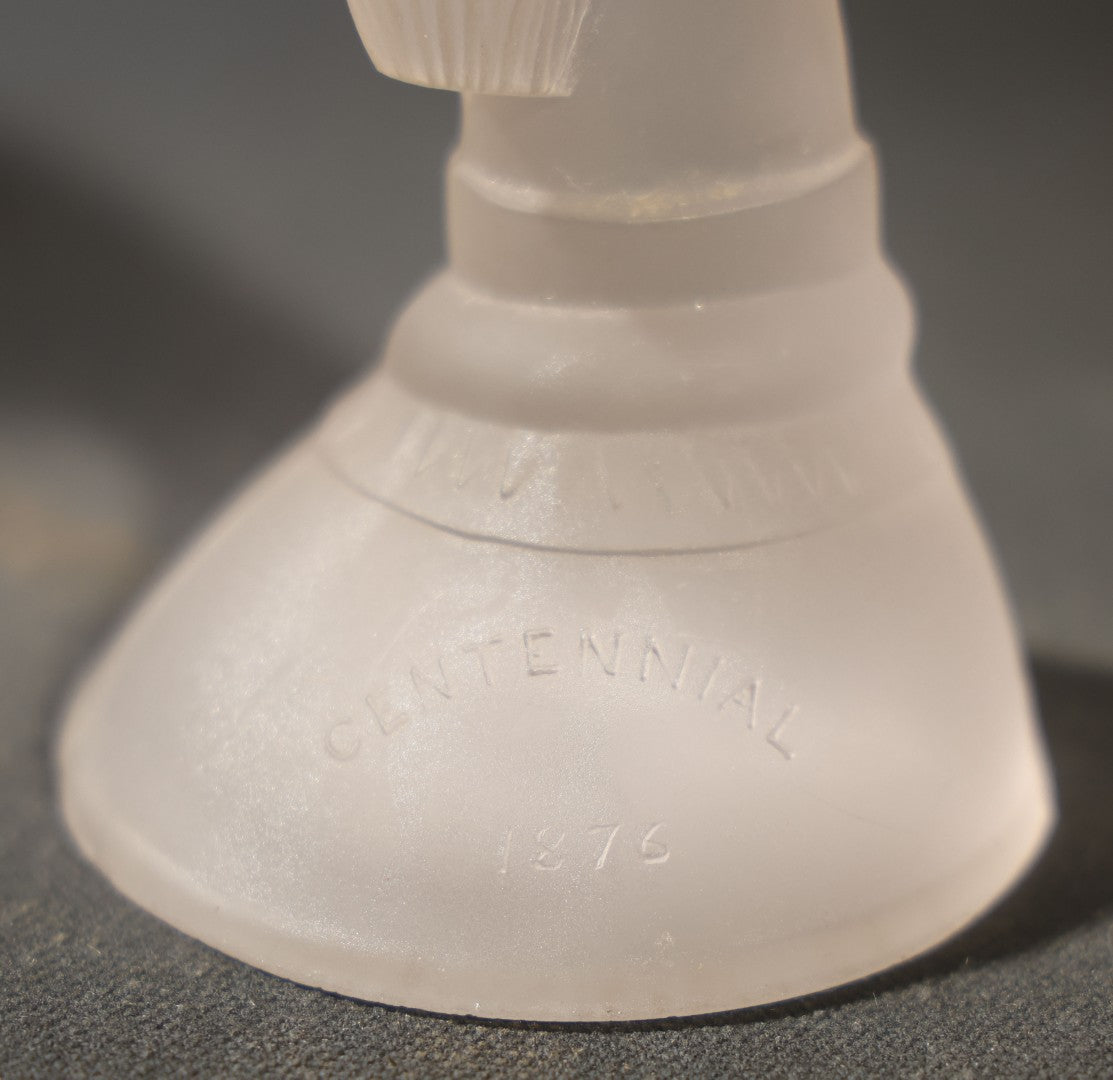 Antique Frosted Glass Hand and Cornucopia Centennial 1876 Commemorative Vase, note chips