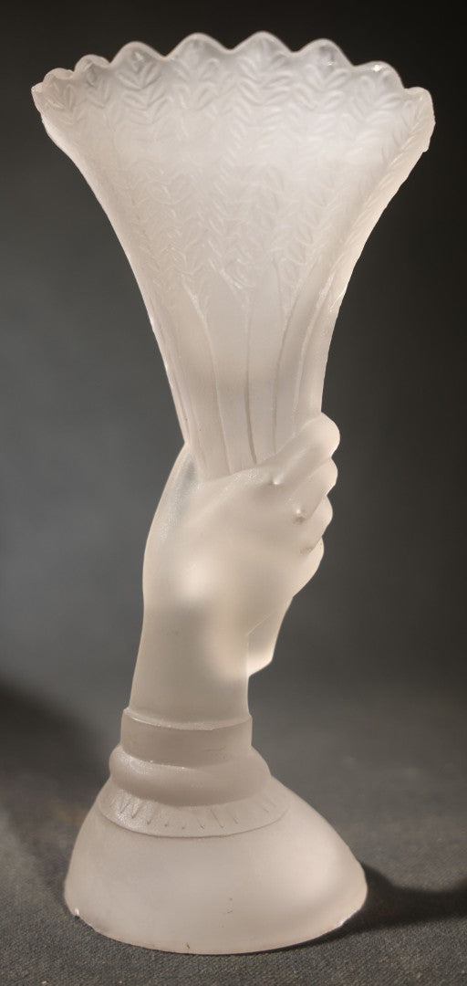 Antique Frosted Glass Hand and Cornucopia Centennial 1876 Commemorative Vase, note chips