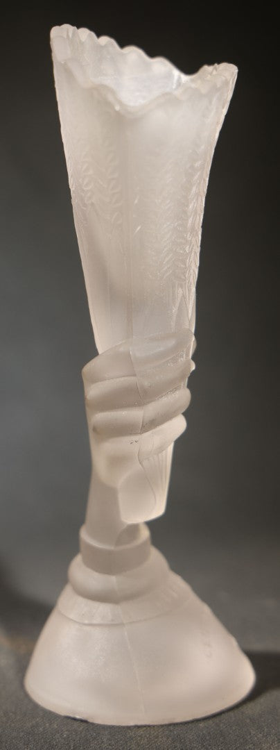 Antique Frosted Glass Hand and Cornucopia Centennial 1876 Commemorative Vase, note chips