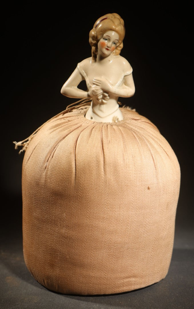 Vintage German Porcelain Half-Doll Pin Cushion with Woman in Off-Shoulder Dress and Ringlet Hair