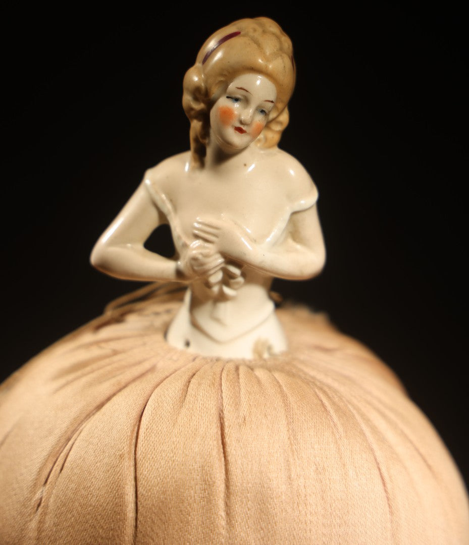 Vintage German Porcelain Half-Doll Pin Cushion with Woman in Off-Shoulder Dress and Ringlet Hair