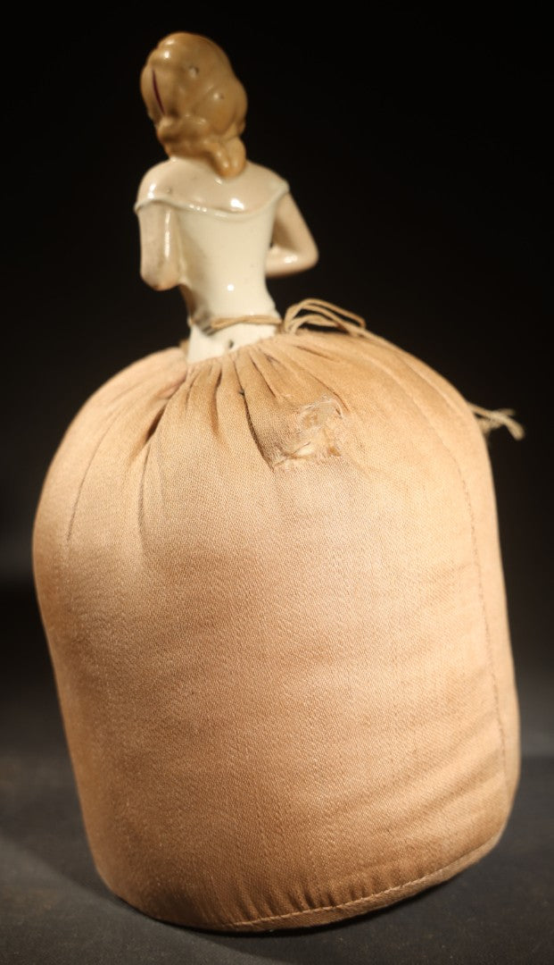 Vintage German Porcelain Half-Doll Pin Cushion with Woman in Off-Shoulder Dress and Ringlet Hair