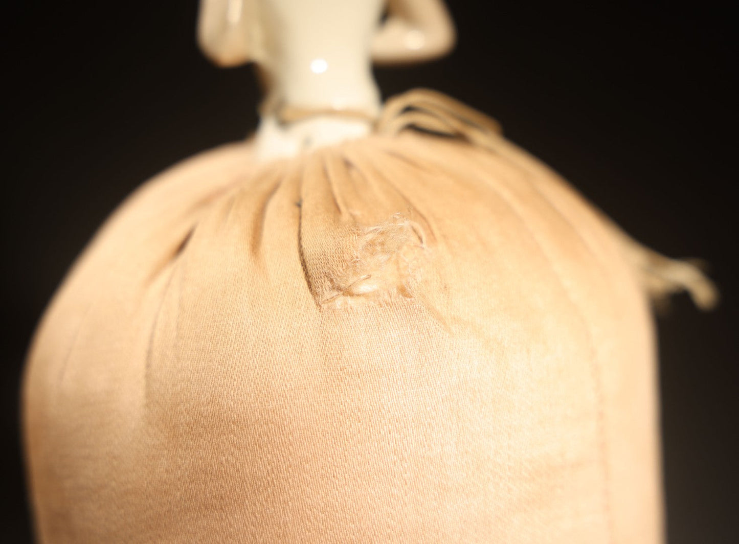 Vintage German Porcelain Half-Doll Pin Cushion with Woman in Off-Shoulder Dress and Ringlet Hair