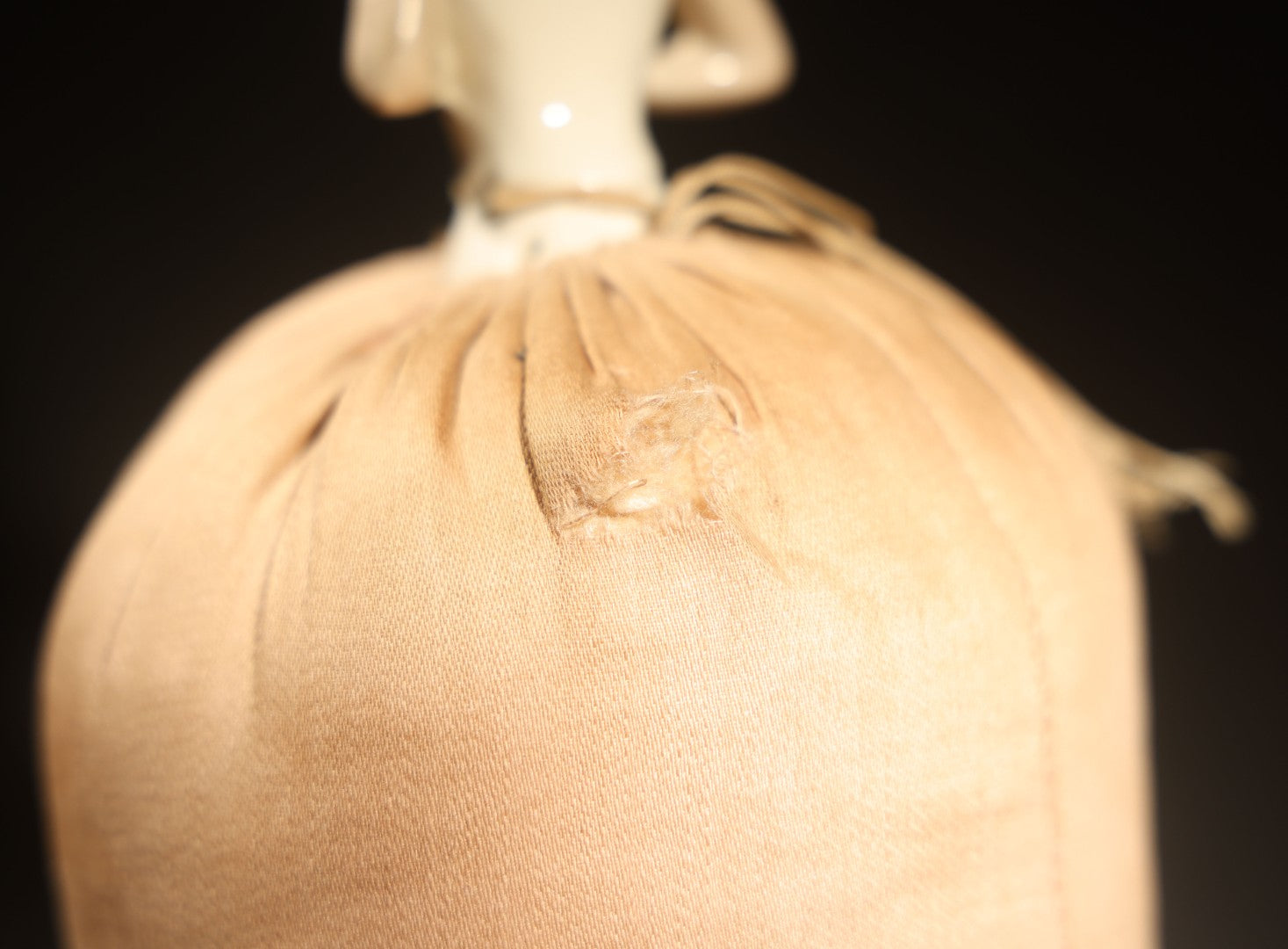 Vintage German Porcelain Half-Doll Pin Cushion with Woman in Off-Shoulder Dress and Ringlet Hair