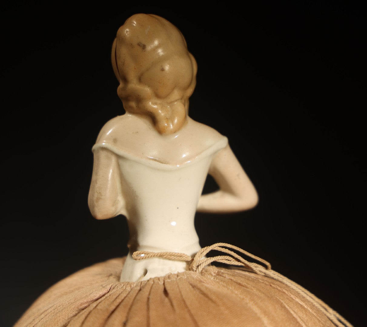 Vintage German Porcelain Half-Doll Pin Cushion with Woman in Off-Shoulder Dress and Ringlet Hair
