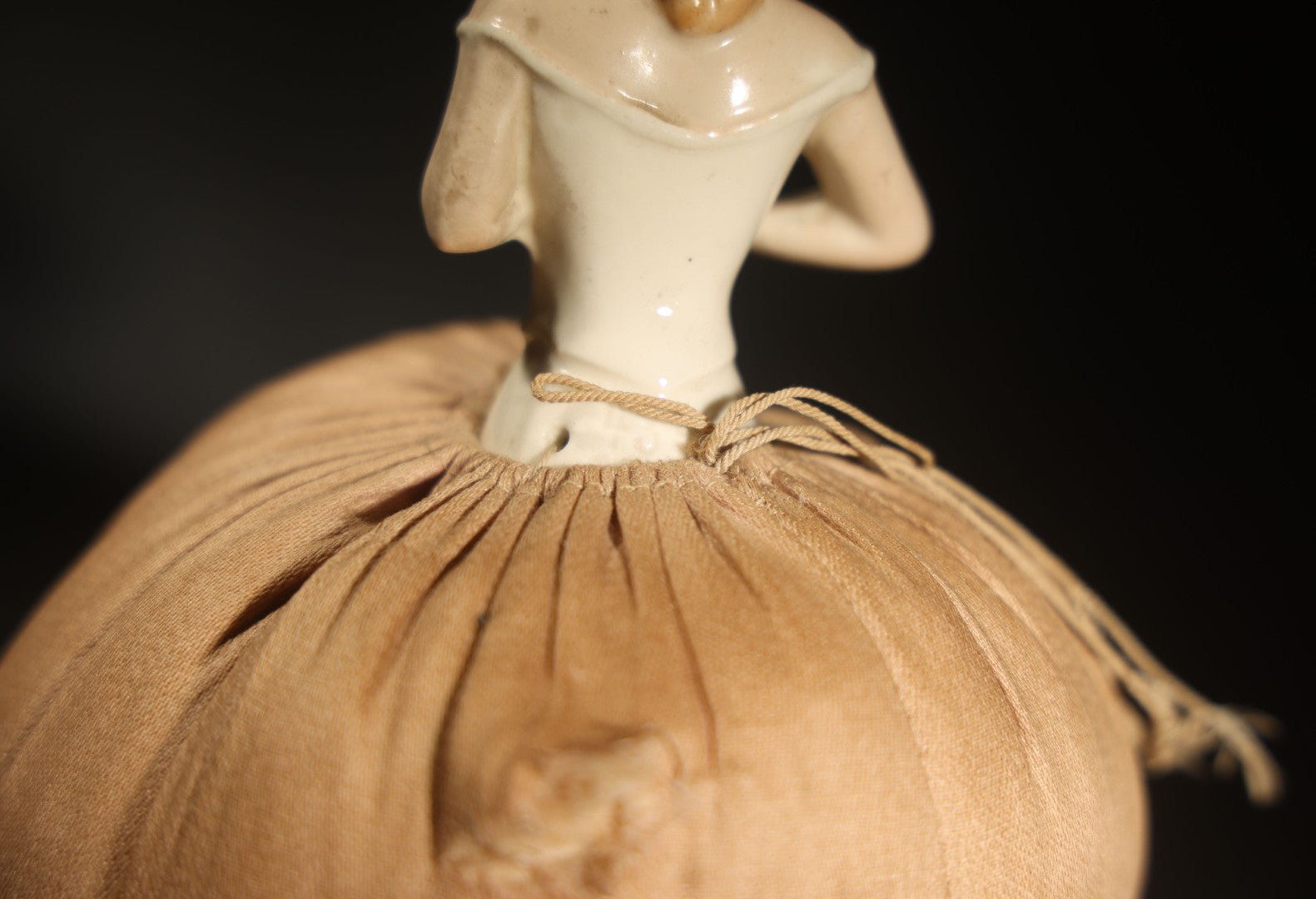 Vintage German Porcelain Half-Doll Pin Cushion with Woman in Off-Shoulder Dress and Ringlet Hair