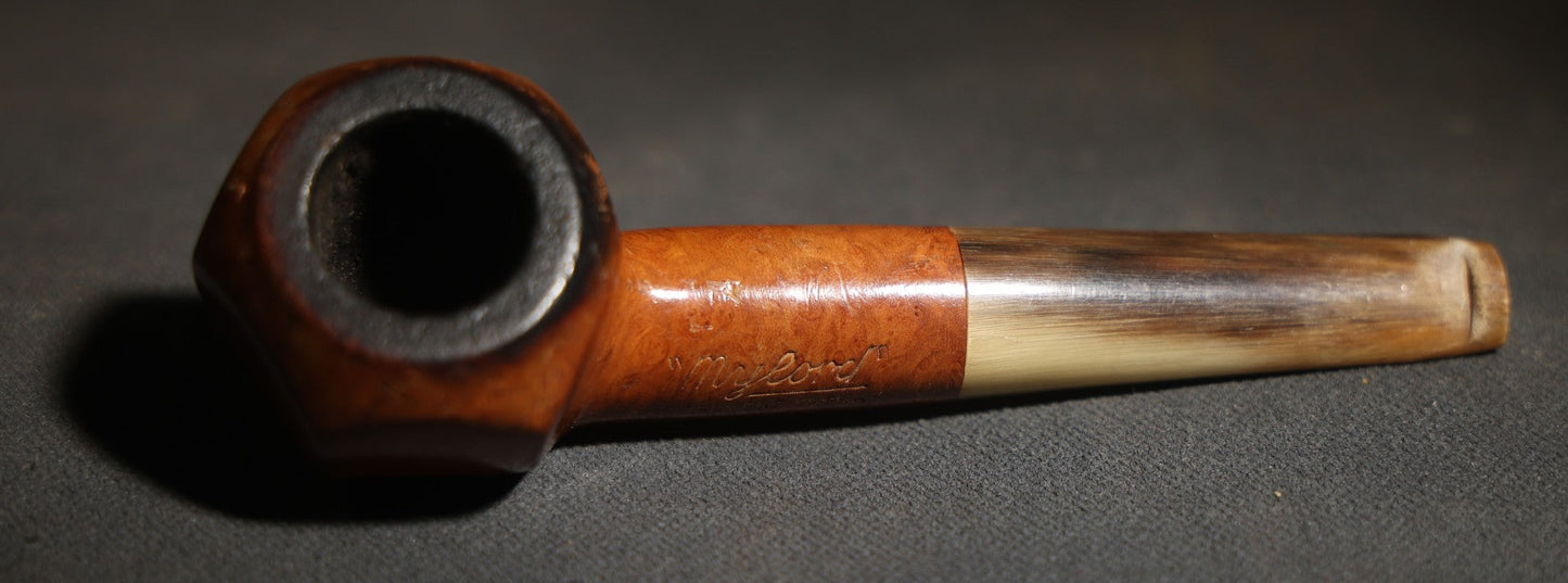 Vintage "Mylord" Bruyere Extra Tobacco Pipe with Hexagonal Briar Wood Bowl and Horn Stem