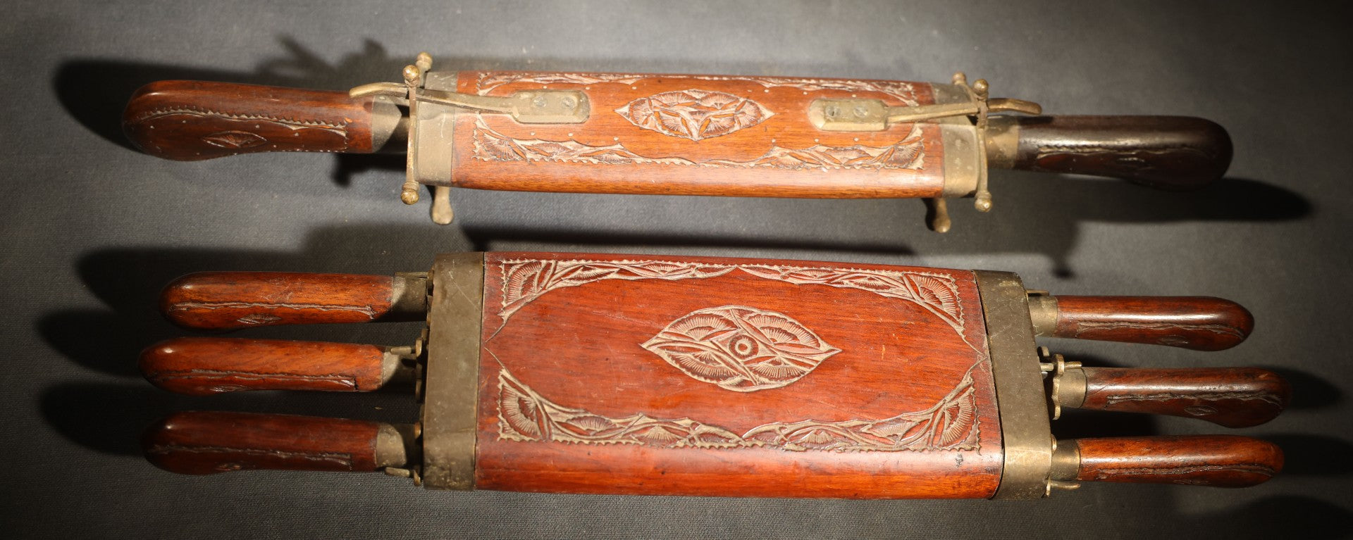 Vintage Indian Carving Set in Pair of Carved Wood Cases with Large Fork, Knife and Six Steak Knives