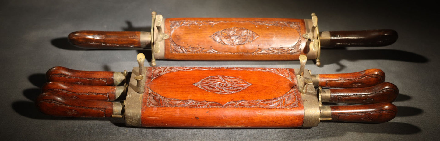 Vintage Indian Carving Set in Pair of Carved Wood Cases with Large Fork, Knife and Six Steak Knives