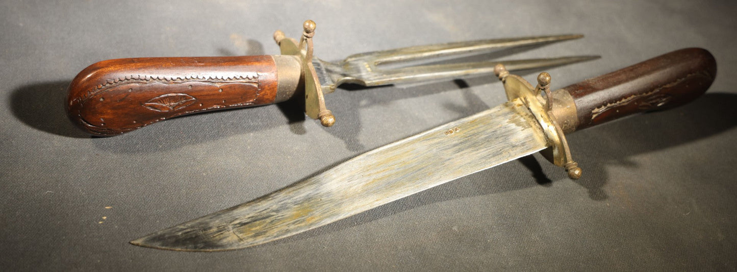 Vintage Indian Carving Set in Pair of Carved Wood Cases with Large Fork, Knife and Six Steak Knives