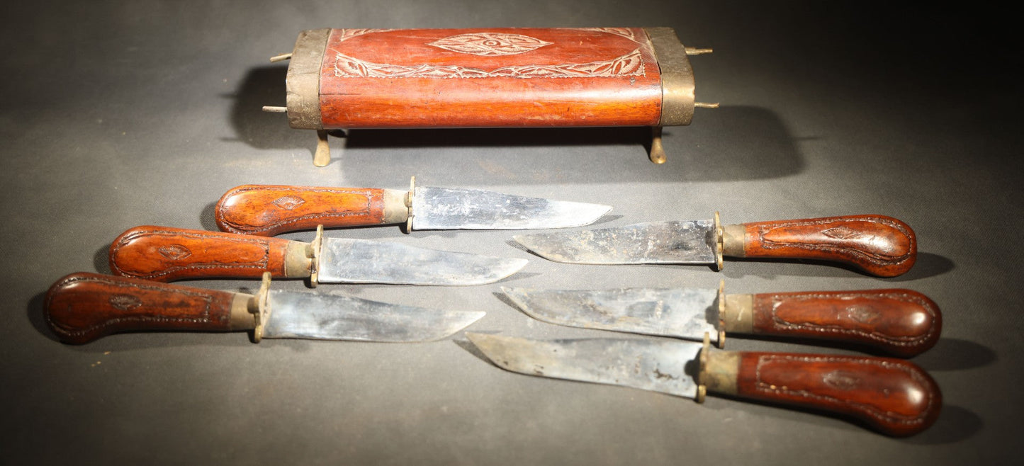 Vintage Indian Carving Set in Pair of Carved Wood Cases with Large Fork, Knife and Six Steak Knives