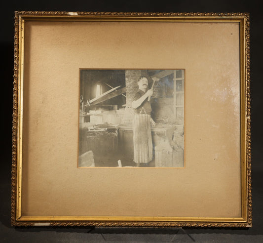 Antique Occupational Photograph of Blacksmith with Hammer in Workshop Setting, Framed