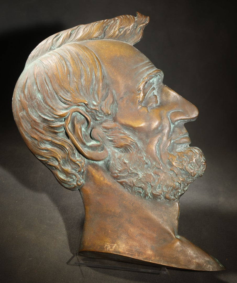 Vintage cast metal Abraham Lincoln Profile Bust Relief Wall Plaque, Bearded Portrait Facing Right