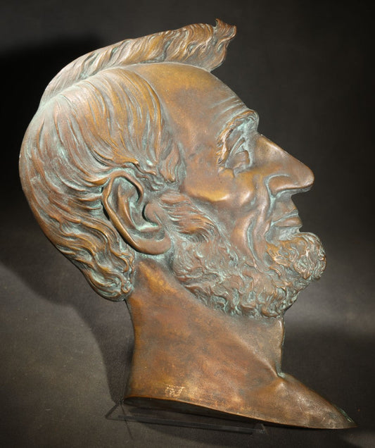 Vintage cast metal Abraham Lincoln Profile Bust Relief Wall Plaque, Bearded Portrait Facing Right