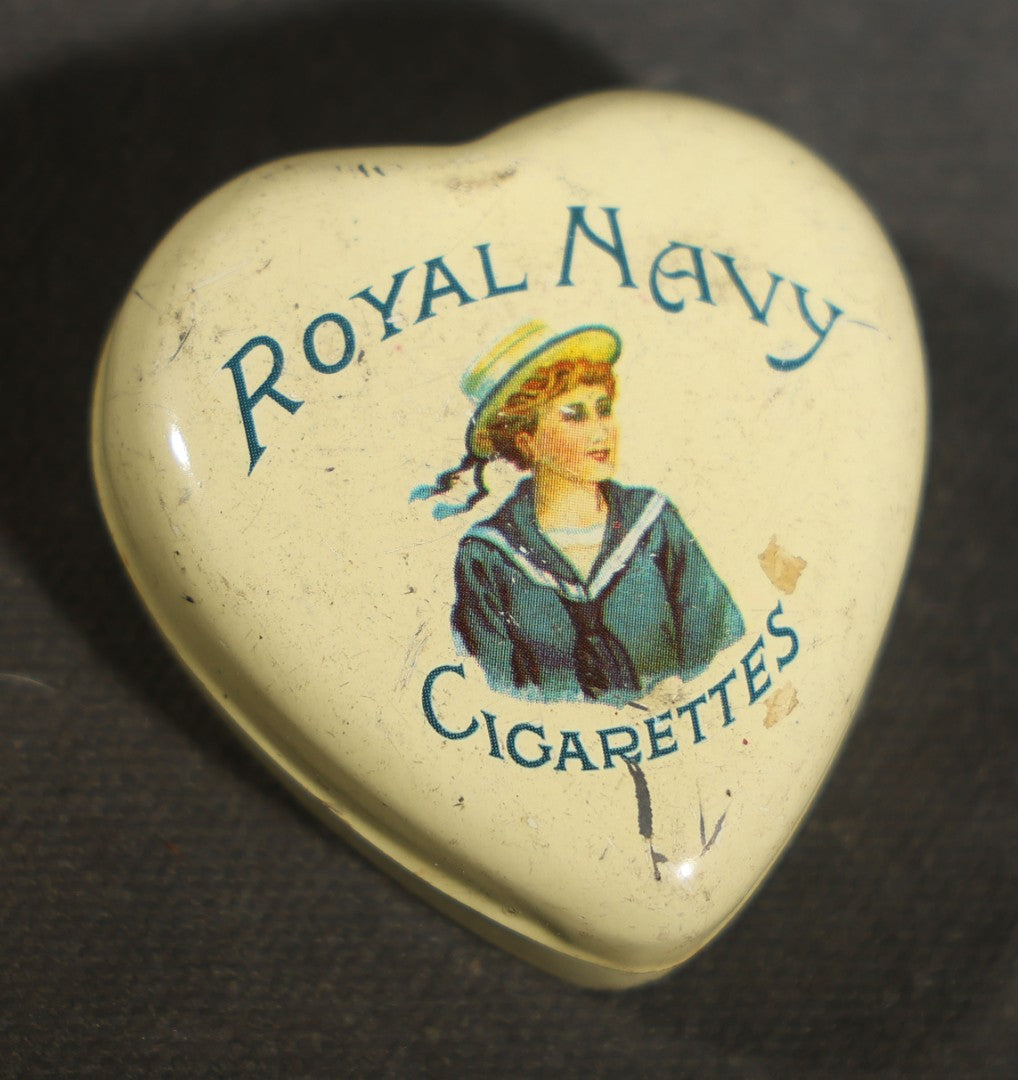 Antique Heart-Shaped Royal Navy Cigarettes Lithograph Tin, Sailor in Naval Uniform Graphics