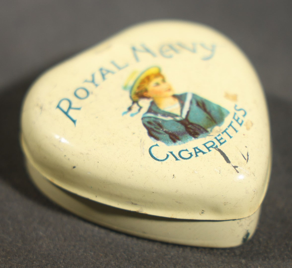 Antique Heart-Shaped Royal Navy Cigarettes Lithograph Tin, Sailor in Naval Uniform Graphics