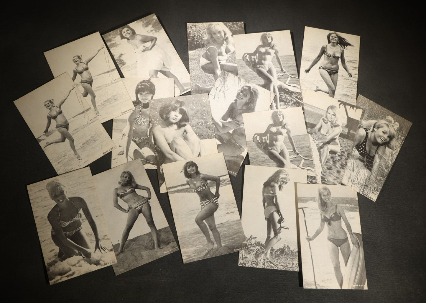 Grouping of 17 Vintage Bikini Pinup Arcade Cards Marked Printed in USA, Swimwear Photography