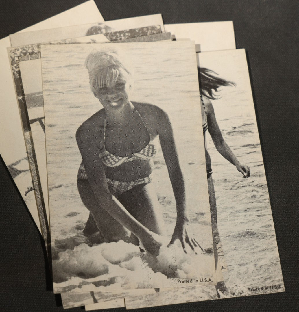 Grouping of 17 Vintage Bikini Pinup Arcade Cards Marked Printed in USA, Swimwear Photography