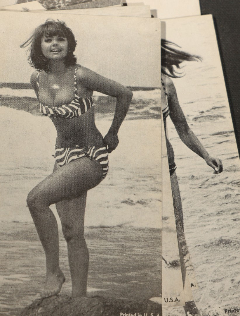 Grouping of 17 Vintage Bikini Pinup Arcade Cards Marked Printed in USA, Swimwear Photography