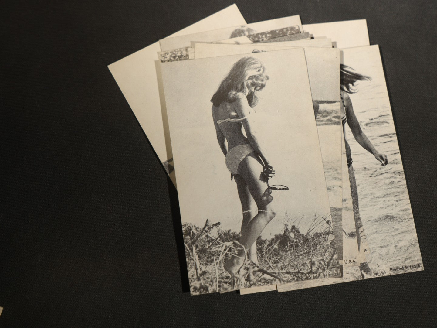 Grouping of 17 Vintage Bikini Pinup Arcade Cards Marked Printed in USA, Swimwear Photography